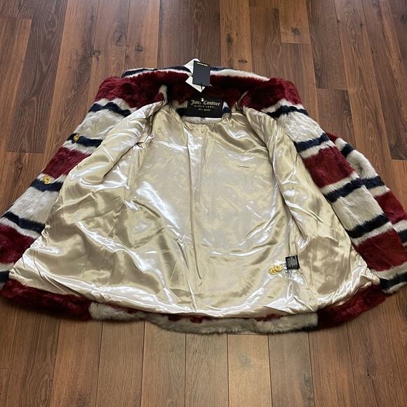 Juicy Couture Black Label Burgundy Stripe Faux Fur Button Coat Size Small - Picture 5 of 10